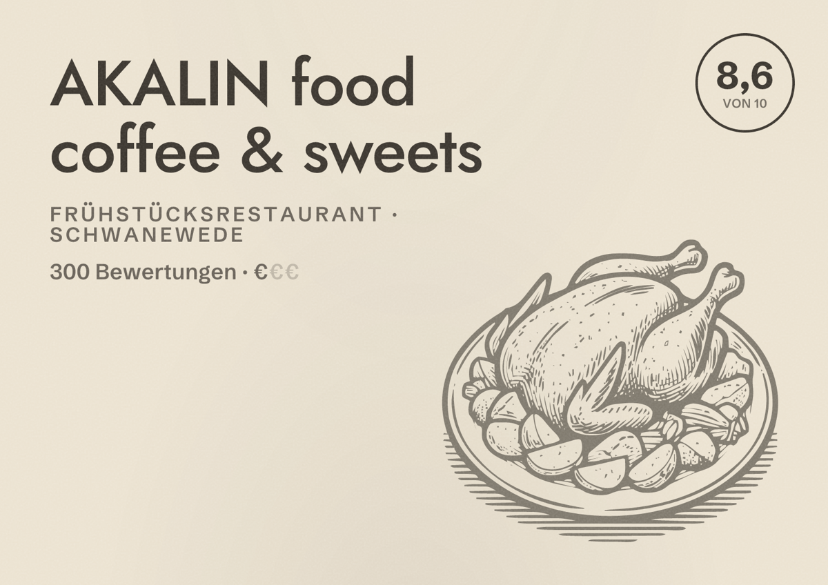 Illustriertes Poster von AKALIN food coffee & sweets, Frühstücksrestaurant in Schwanewede: Bewertung 8,6 von 10 aus 300 Bewertungen, Preisniveau €