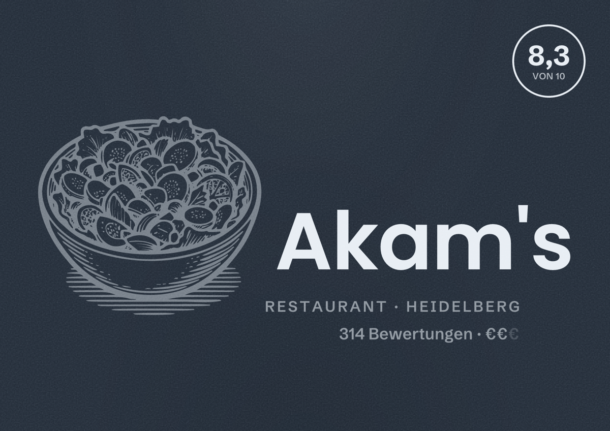 Illustriertes Poster von Akam's, Restaurant in Heidelberg: Bewertung 8,3 von 10 aus 314 Bewertungen, Preisniveau €€