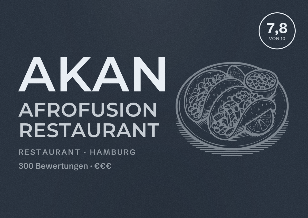 Illustriertes Poster von akan afrofusion Restaurant, Restaurant in Hamburg: Bewertung 7,8 von 10 aus 300 Bewertungen, Preisniveau €€€