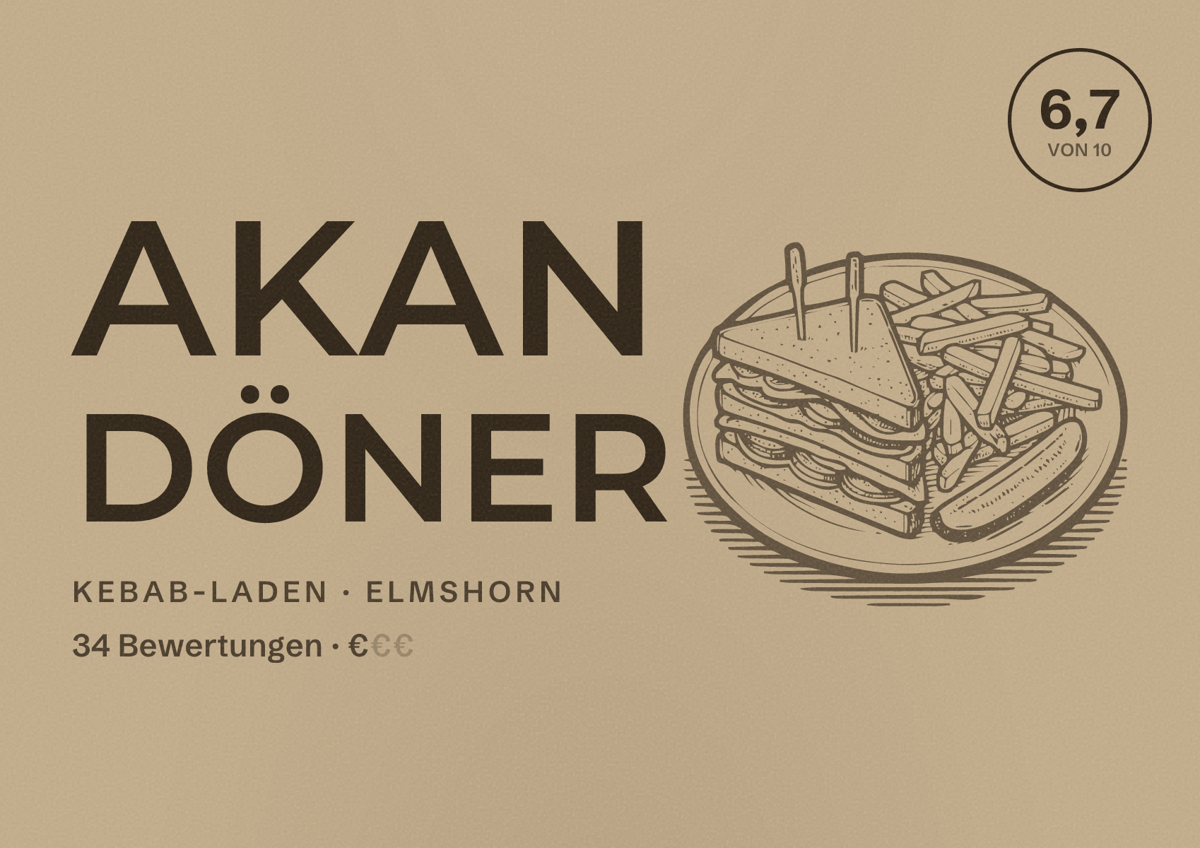 Illustriertes Poster von Akan Döner, Kebab-Laden in Elmshorn: Bewertung 6,7 von 10 aus 34 Bewertungen, Preisniveau €