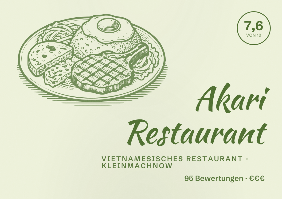 Illustriertes Poster von Akari Restaurant, Vietnamesisches Restaurant in Kleinmachnow: Bewertung 7,6 von 10 aus 95 Bewertungen, Preisniveau €€€