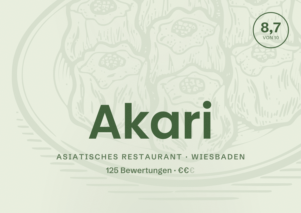 Illustriertes Poster von Akari, Asiatisches Restaurant in Wiesbaden: Bewertung 8,7 von 10 aus 125 Bewertungen, Preisniveau €€
