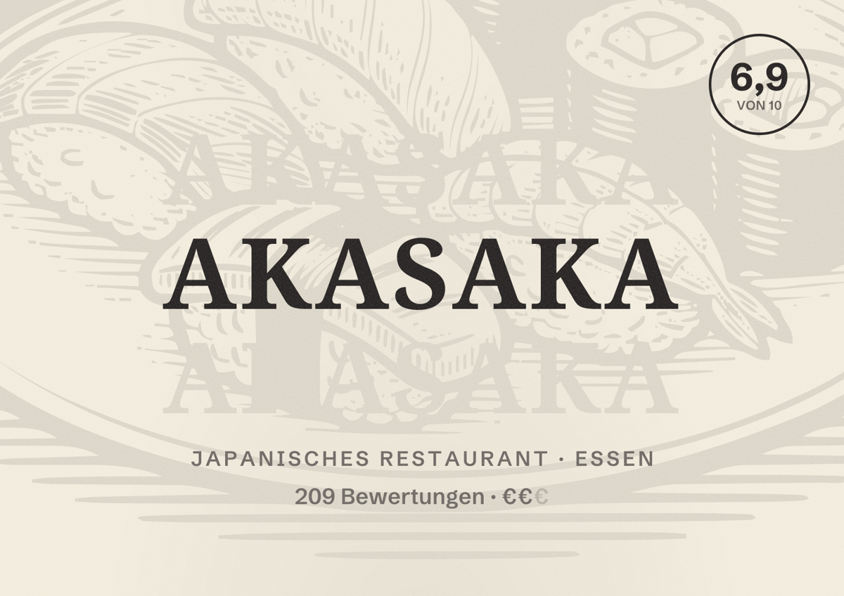 Illustriertes Poster von Akasaka, Japanisches Restaurant in Essen: Bewertung 6,9 von 10 aus 209 Bewertungen, Preisniveau €€