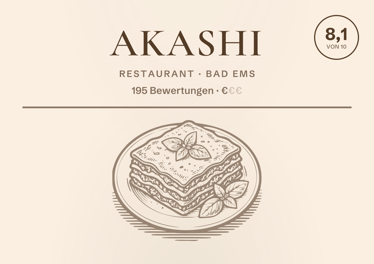 Illustriertes Poster von Akashi, Restaurant in Bad Ems: Bewertung 8,1 von 10 aus 195 Bewertungen, Preisniveau €