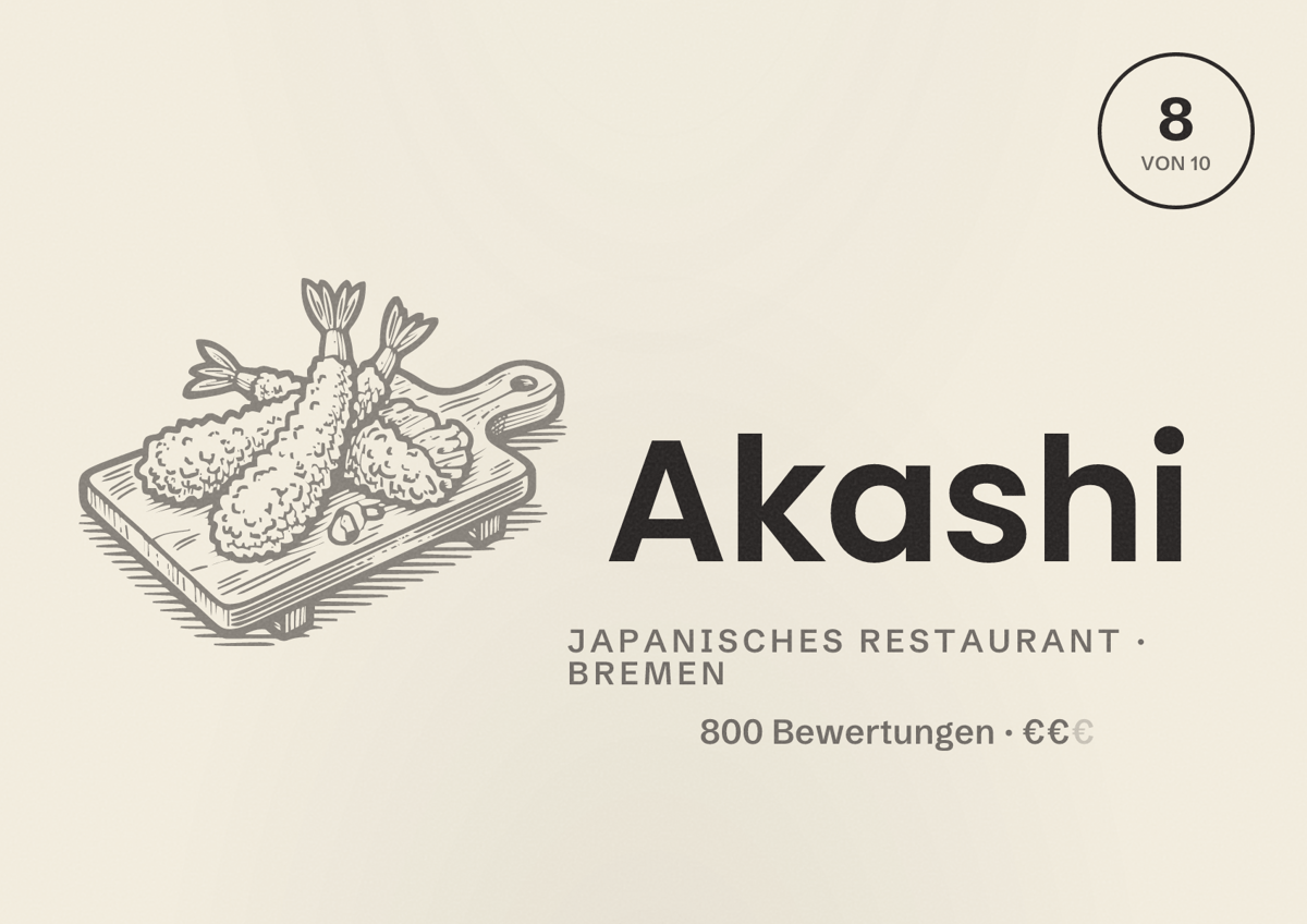 Illustriertes Poster von Akashi, Japanisches Restaurant in Bremen: Bewertung 8 von 10 aus 800 Bewertungen, Preisniveau €€