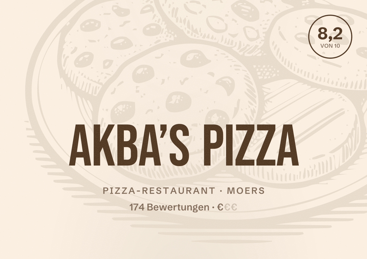 Illustriertes Poster von Akba’s Pizza, Pizza-Restaurant in Moers: Bewertung 8,2 von 10 aus 174 Bewertungen, Preisniveau €