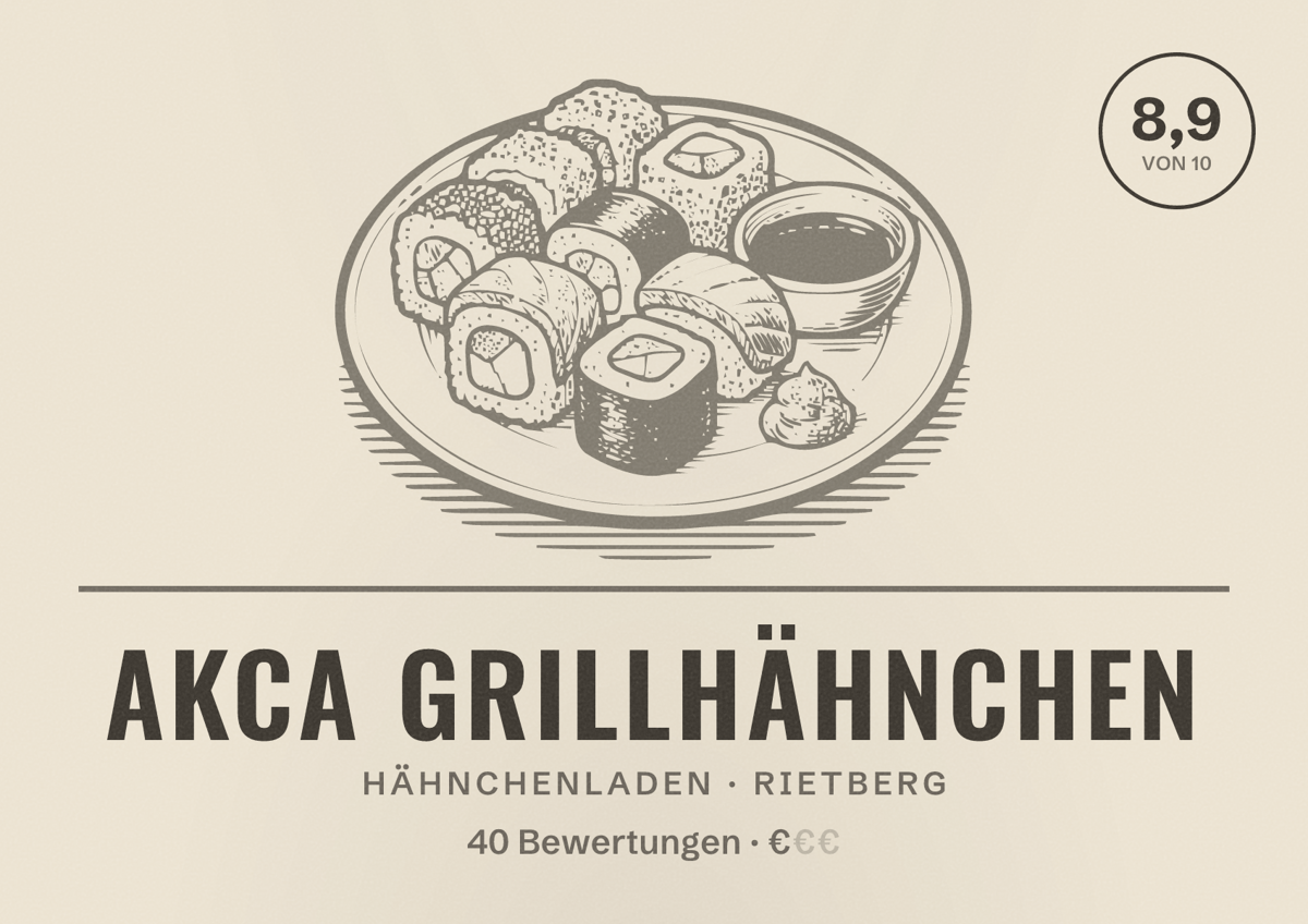 Illustriertes Poster von AKCA Grillhähnchen, Hähnchenladen in Rietberg: Bewertung 8,9 von 10 aus 40 Bewertungen, Preisniveau €