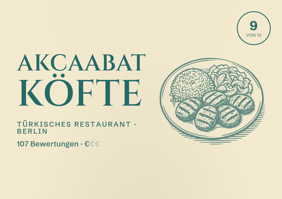 Illustriertes Poster von Akcaabat Köfte, Türkisches Restaurant in Berlin: Bewertung 9,0 von 10 aus 107 Bewertungen, Preisniveau €