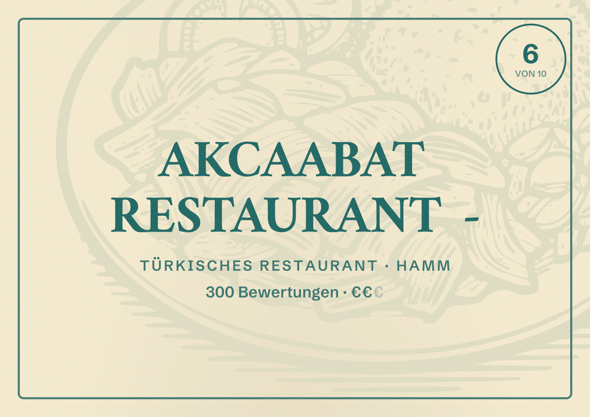 Illustriertes Poster von AKCAABAT RESTAURANT -, Türkisches Restaurant in Hamm: Bewertung 6 von 10 aus 300 Bewertungen, Preisniveau €€