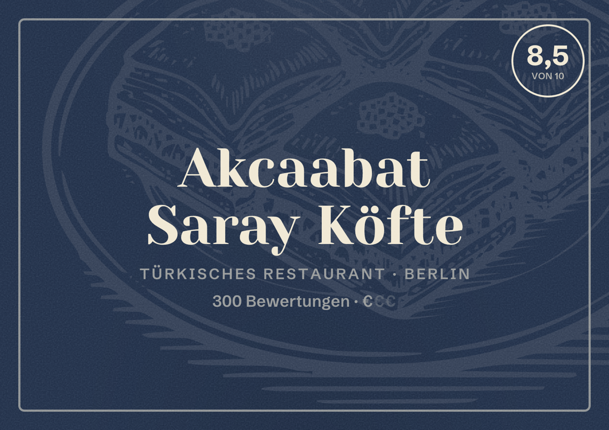 Illustriertes Poster von Akcaabat Saray Köfte, Türkisches Restaurant in Berlin: Bewertung 8,5 von 10 aus 300 Bewertungen, Preisniveau €