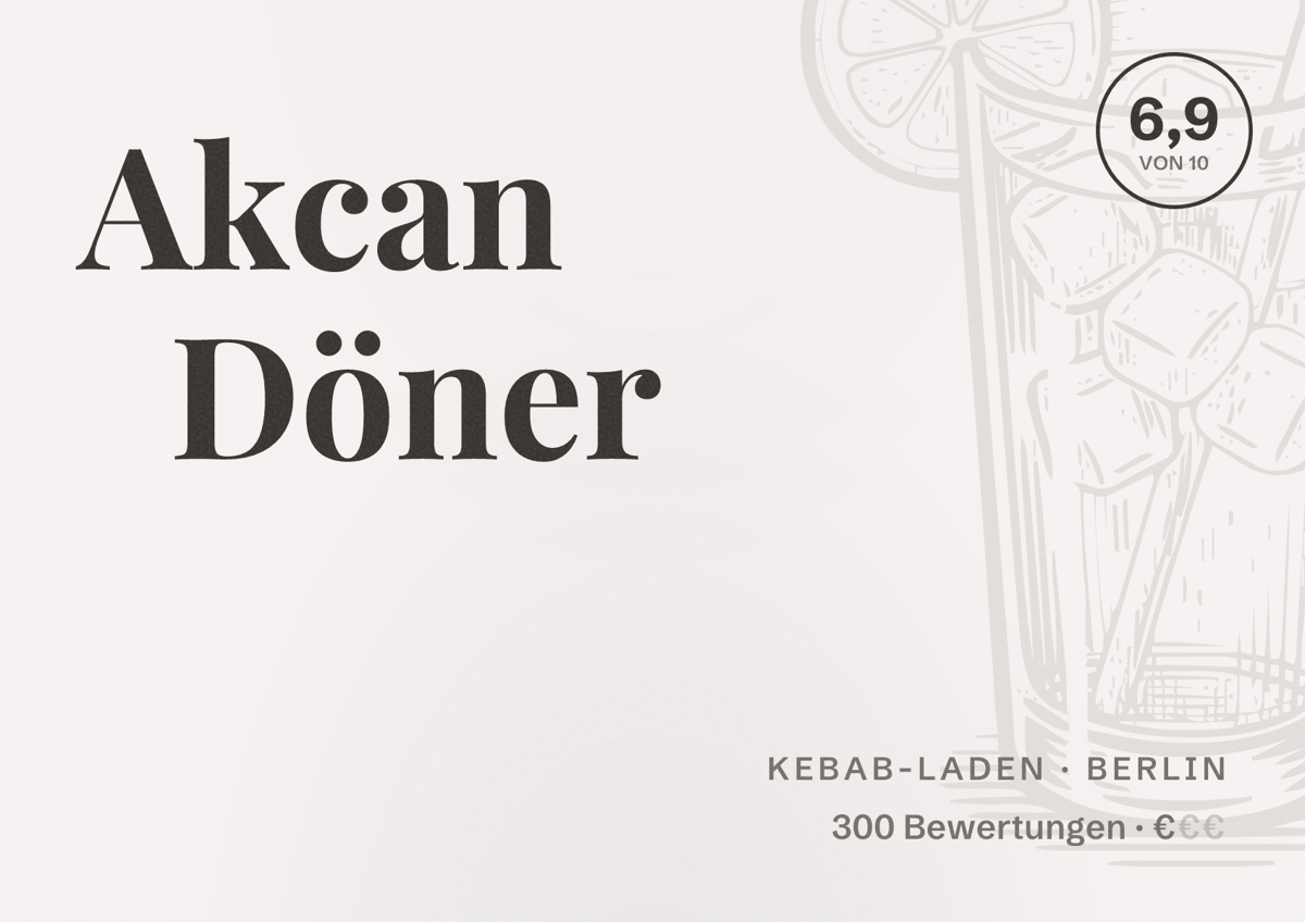 Illustriertes Poster von Akcan Döner, Kebab-Laden in Berlin: Bewertung 6,9 von 10 aus 300 Bewertungen, Preisniveau €