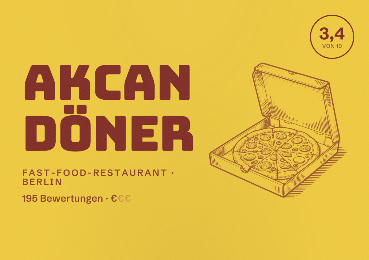 Illustriertes Poster von Akcan Döner, Fast-Food-Restaurant in Berlin: Bewertung 3,4 von 10 aus 195 Bewertungen, Preisniveau €