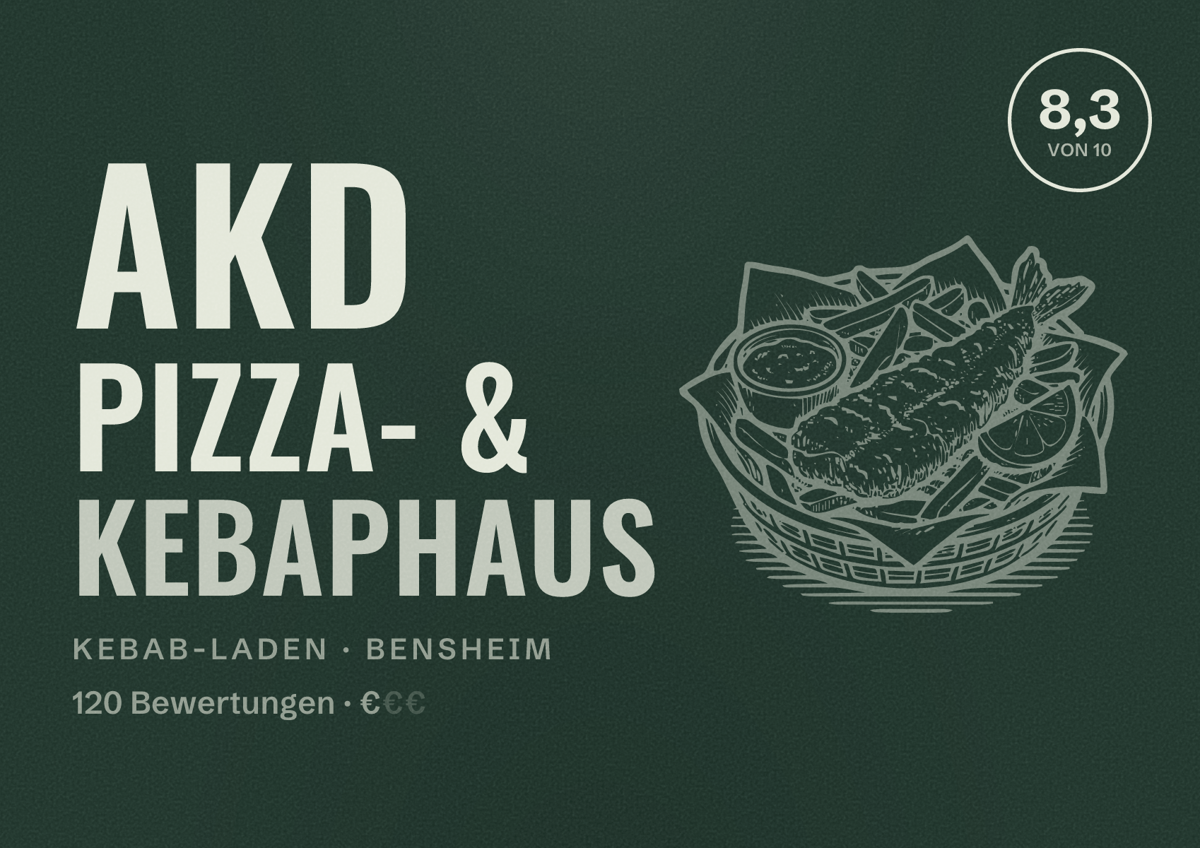 Illustriertes Poster von AKD Pizza- & Kebaphaus, Kebab-Laden in Bensheim: Bewertung 8,3 von 10 aus 120 Bewertungen, Preisniveau €