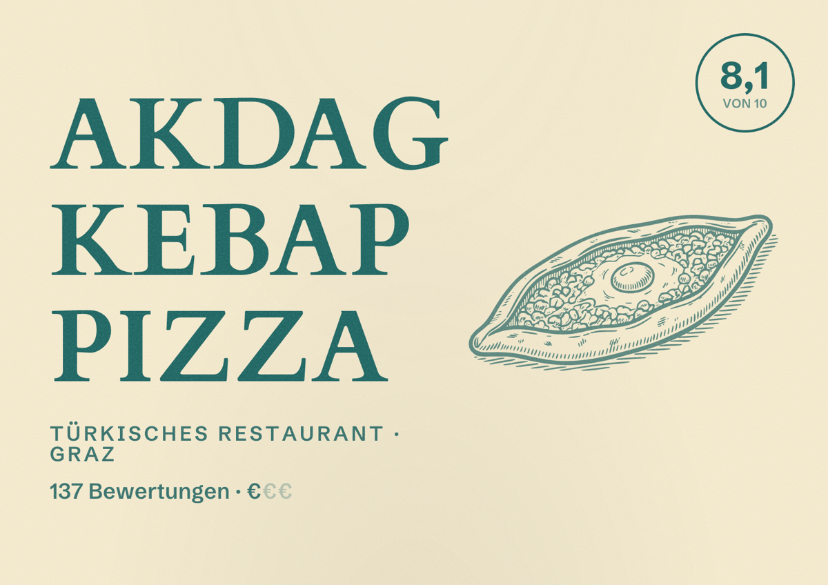 Illustriertes Poster von Akdag kebap pizza, Türkisches Restaurant in Graz: Bewertung 8,1 von 10 aus 137 Bewertungen, Preisniveau €