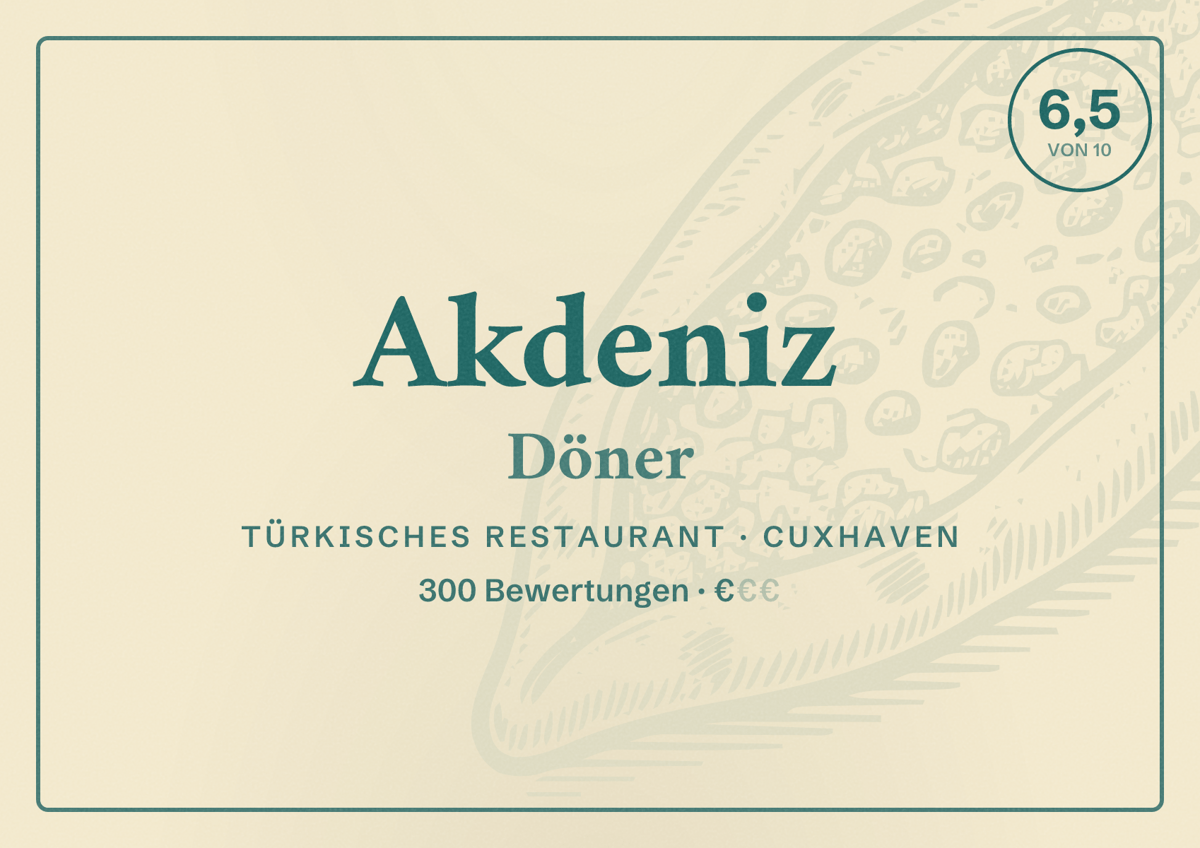 Illustriertes Poster von Akdeniz Döner, Türkisches Restaurant in Cuxhaven: Bewertung 6,5 von 10 aus 300 Bewertungen, Preisniveau €