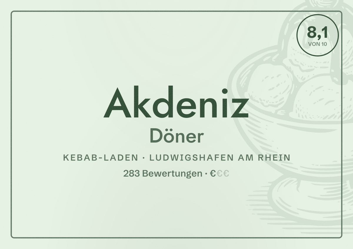 Illustriertes Poster von Akdeniz Döner, Kebab-Laden in Ludwigshafen am Rhein: Bewertung 8,1 von 10 aus 283 Bewertungen, Preisniveau €