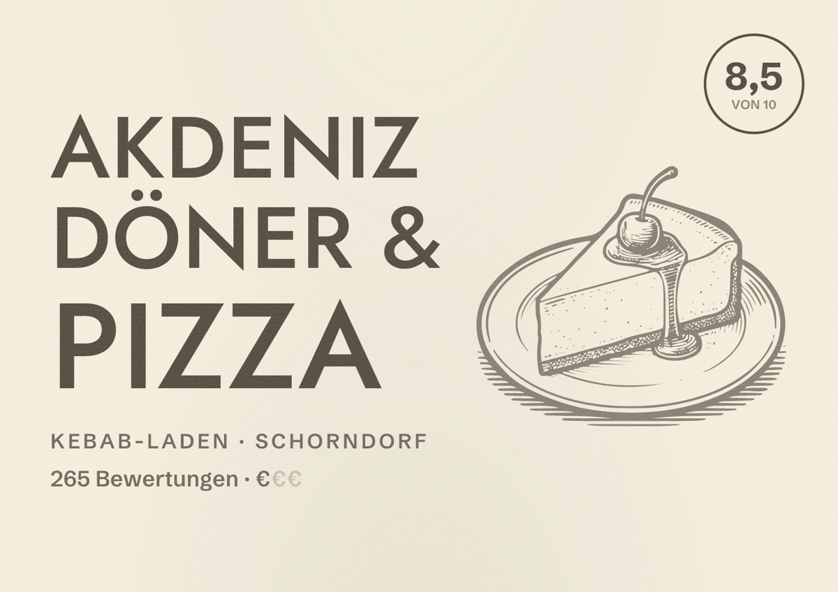 Illustriertes Poster von Akdeniz Döner & Pizza, Kebab-Laden in Schorndorf: Bewertung 8,5 von 10 aus 265 Bewertungen, Preisniveau €