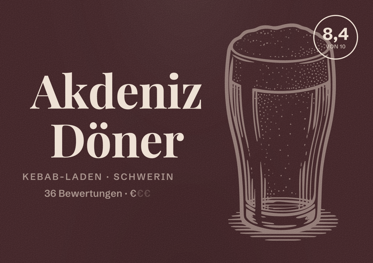 Illustriertes Poster von Akdeniz Döner, Kebab-Laden in Schwerin: Bewertung 8,4 von 10 aus 36 Bewertungen, Preisniveau €
