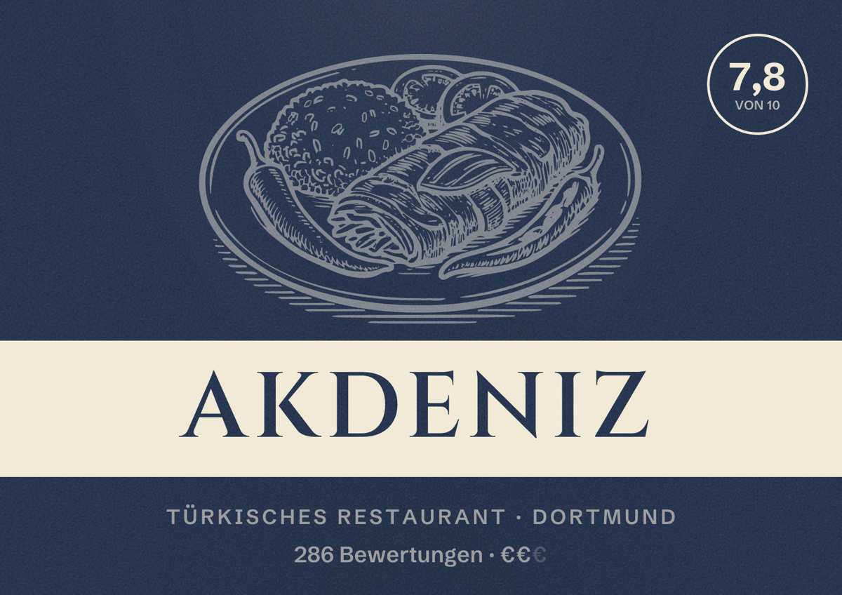 Illustriertes Poster von Akdeniz, Türkisches Restaurant in Dortmund: Bewertung 7,8 von 10 aus 286 Bewertungen, Preisniveau €€