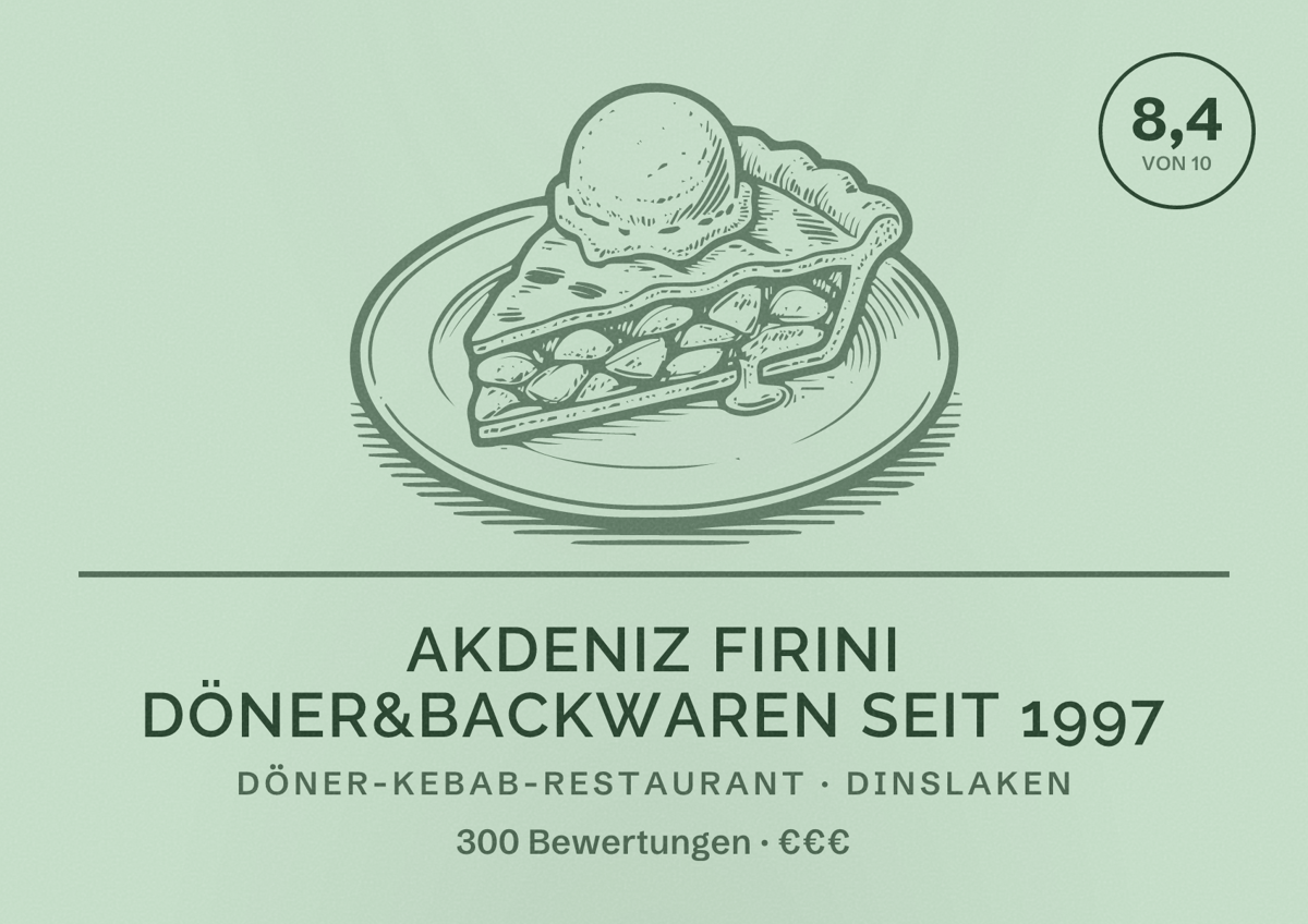 Illustriertes Poster von Akdeniz Firini Döner&Backwaren Seit 1997, Döner-Kebab-Restaurant in Dinslaken: Bewertung 8,4 von 10 aus 300 Bewertungen, Preisniveau €€€