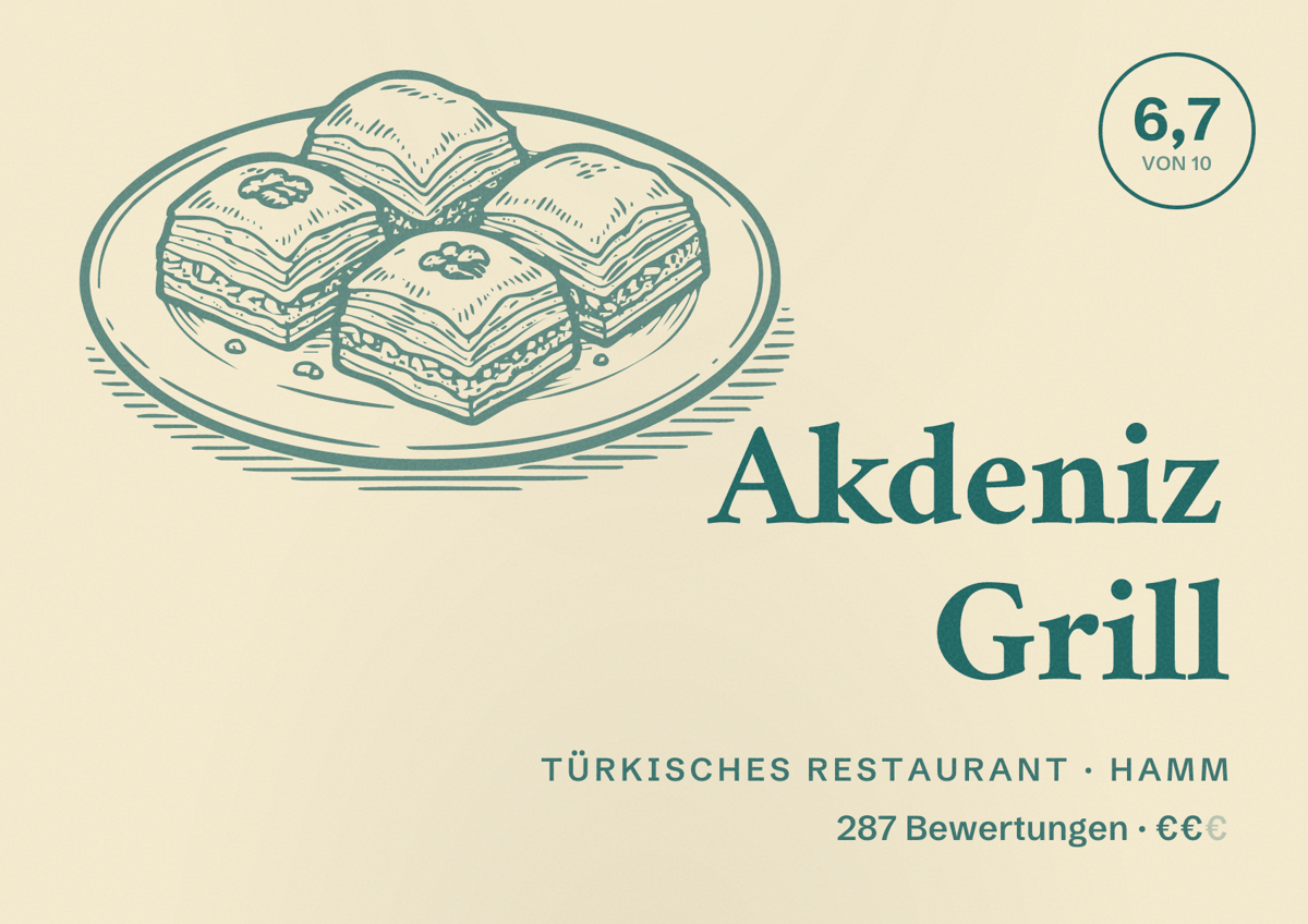 Illustriertes Poster von Akdeniz Grill, Türkisches Restaurant in Hamm: Bewertung 6,7 von 10 aus 287 Bewertungen, Preisniveau €€