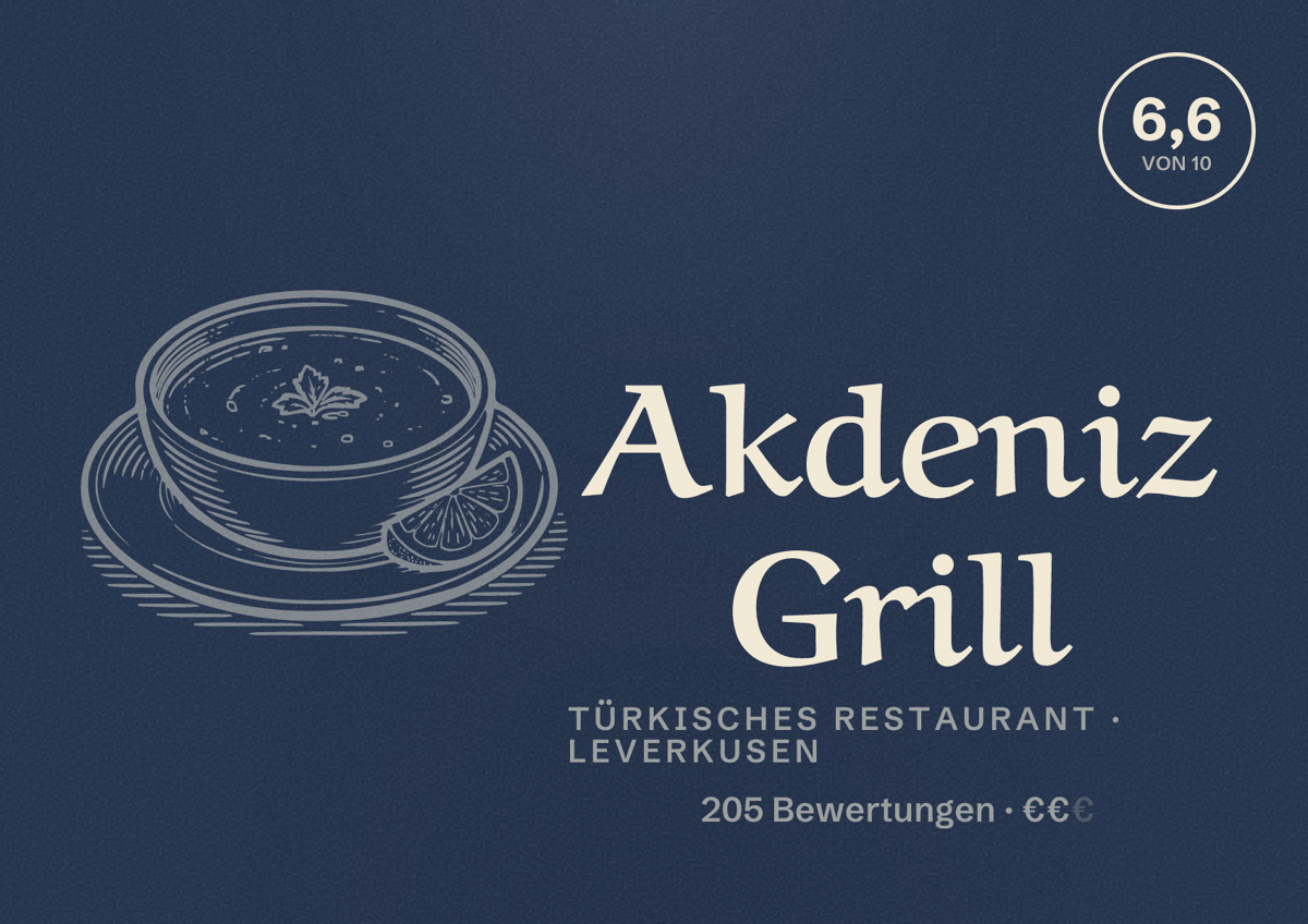 Illustriertes Poster von Akdeniz Grill, Türkisches Restaurant in Leverkusen: Bewertung 6,6 von 10 aus 205 Bewertungen, Preisniveau €€