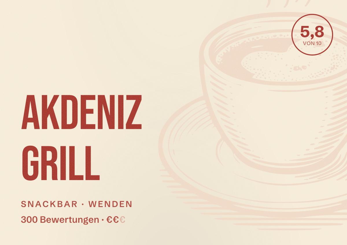 Illustriertes Poster von Akdeniz Grill, Snackbar in Wenden: Bewertung 5,8 von 10 aus 300 Bewertungen, Preisniveau €€