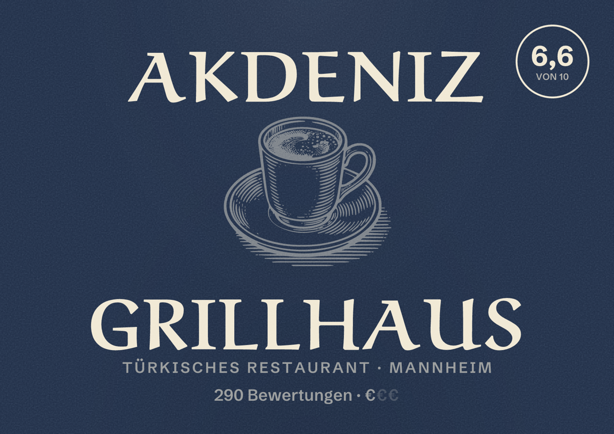 Illustriertes Poster von Akdeniz Grillhaus, Türkisches Restaurant in Mannheim: Bewertung 6,6 von 10 aus 290 Bewertungen, Preisniveau €