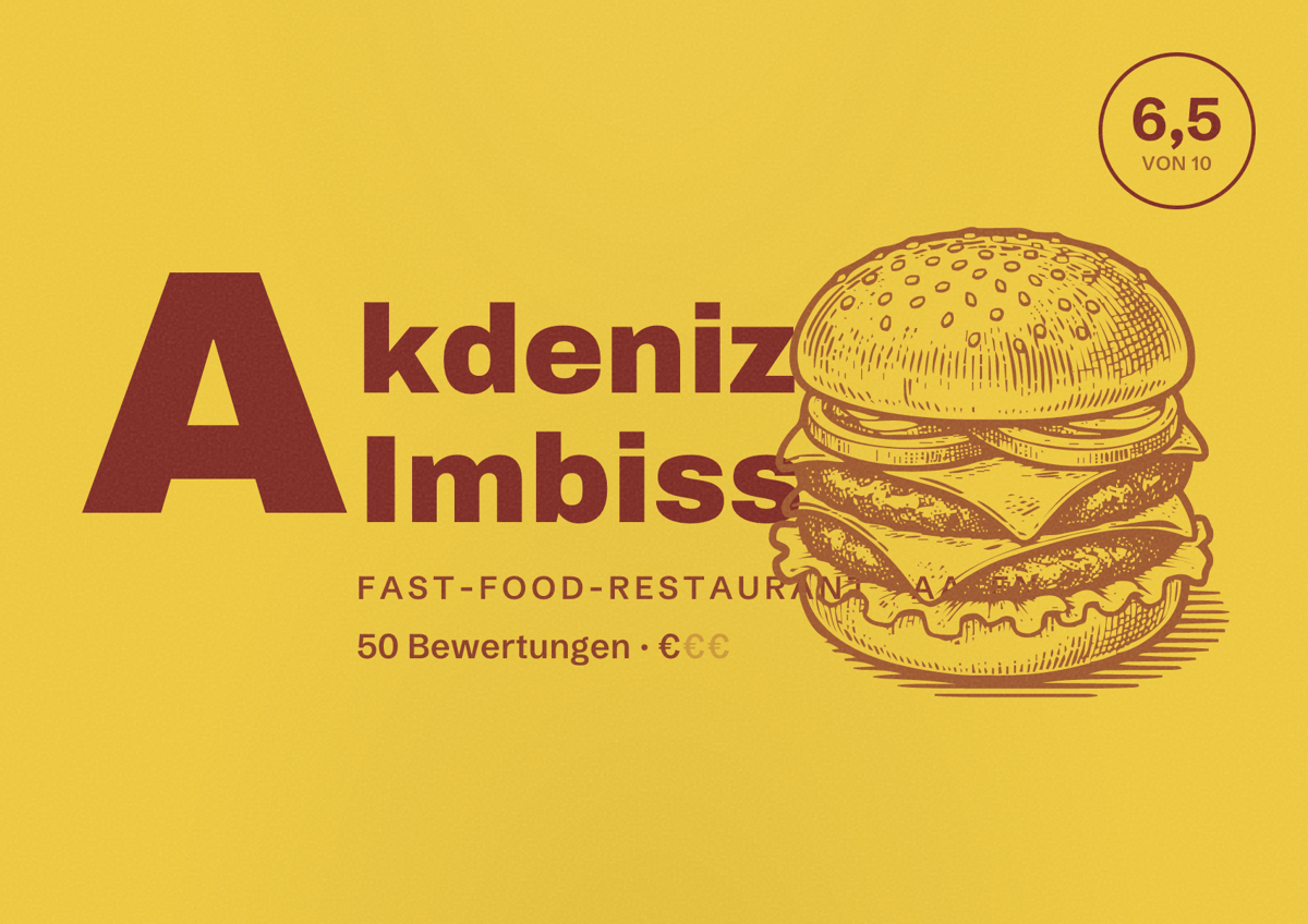 Illustriertes Poster von Akdeniz Imbiss, Fast-Food-Restaurant in Aalen: Bewertung 6,5 von 10 aus 50 Bewertungen, Preisniveau €