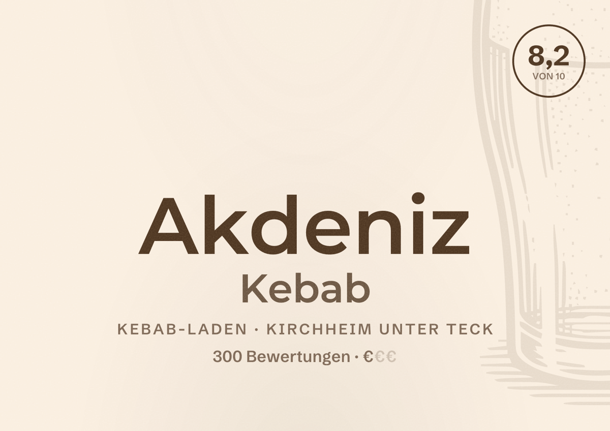 Illustriertes Poster von Akdeniz Kebab, Kebab-Laden in Kirchheim unter Teck: Bewertung 8,2 von 10 aus 300 Bewertungen, Preisniveau €
