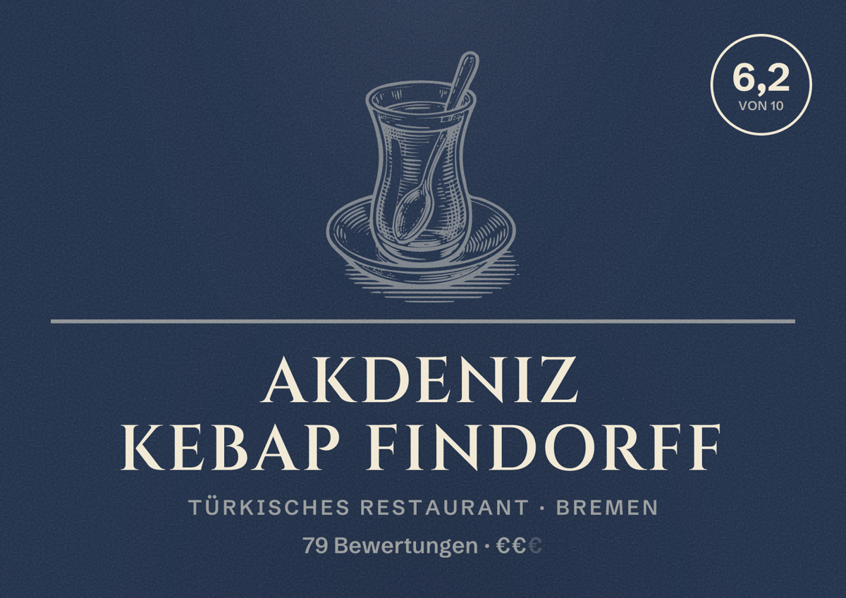Illustriertes Poster von Akdeniz Kebap Findorff, Türkisches Restaurant in Bremen: Bewertung 6,2 von 10 aus 79 Bewertungen, Preisniveau €€