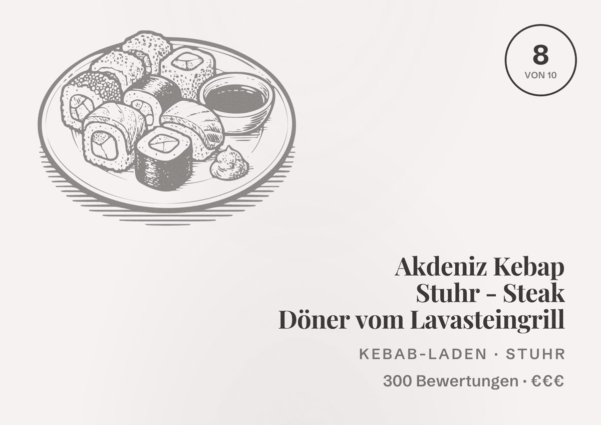 Illustriertes Poster von Akdeniz Kebap Stuhr - Steak Döner vom Lavasteingrill, Kebab-Laden in Stuhr: Bewertung 8 von 10 aus 300 Bewertungen, Preisniveau €€€