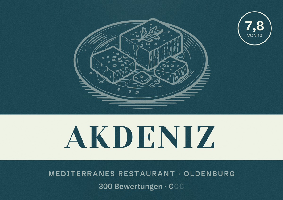 Illustriertes Poster von Akdeniz, Mediterranes Restaurant in Oldenburg: Bewertung 7,8 von 10 aus 300 Bewertungen, Preisniveau €