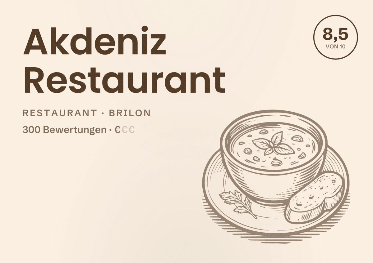 Illustriertes Poster von Akdeniz Restaurant, Restaurant in Brilon: Bewertung 8,5 von 10 aus 300 Bewertungen, Preisniveau €