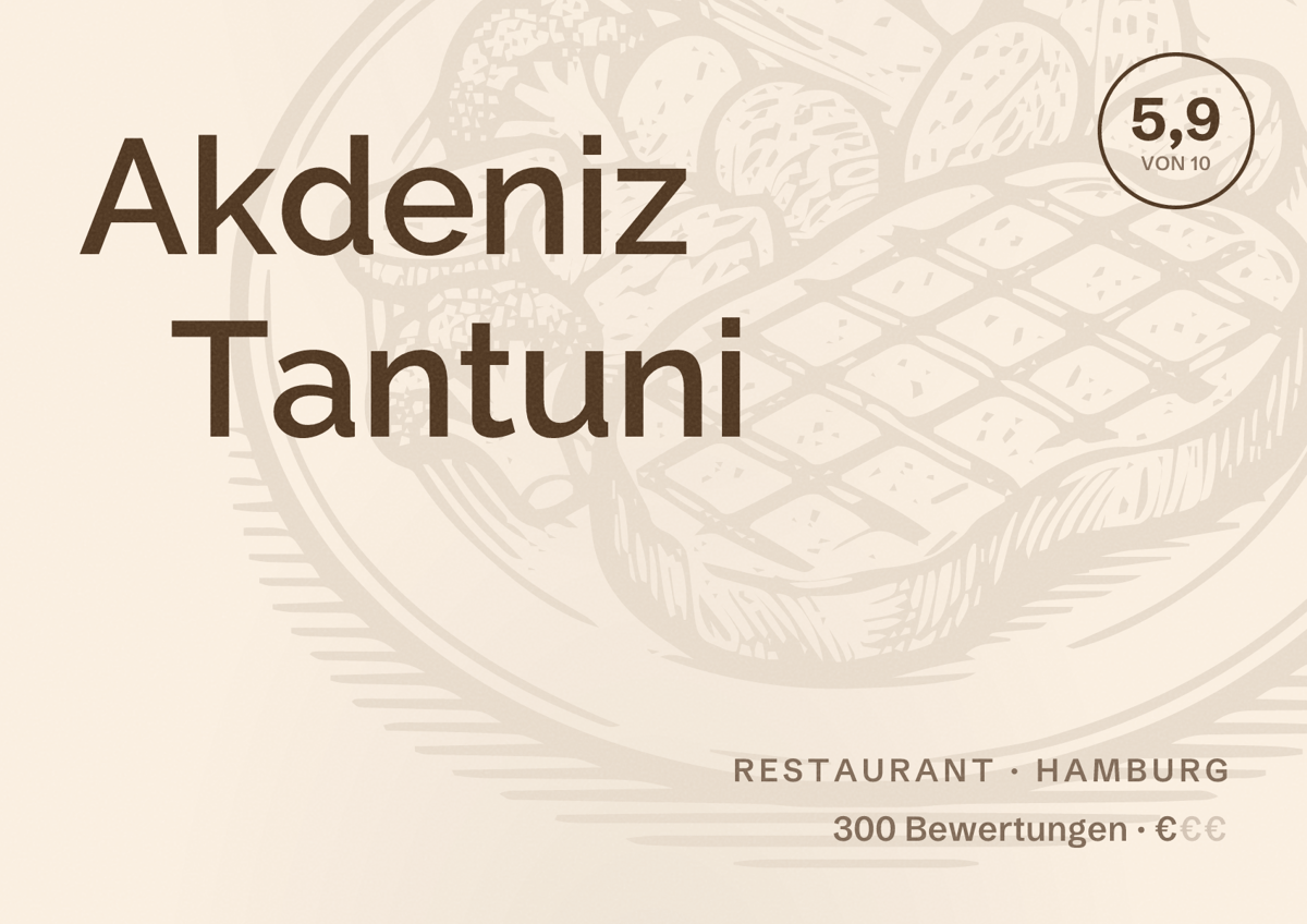 Illustriertes Poster von Akdeniz Tantuni, Restaurant in Hamburg: Bewertung 5,9 von 10 aus 300 Bewertungen, Preisniveau €