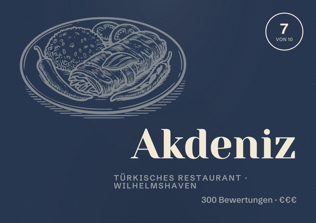 Illustriertes Poster von Akdeniz, Türkisches Restaurant in Wilhelmshaven: Bewertung 7 von 10 aus 300 Bewertungen, Preisniveau €€€