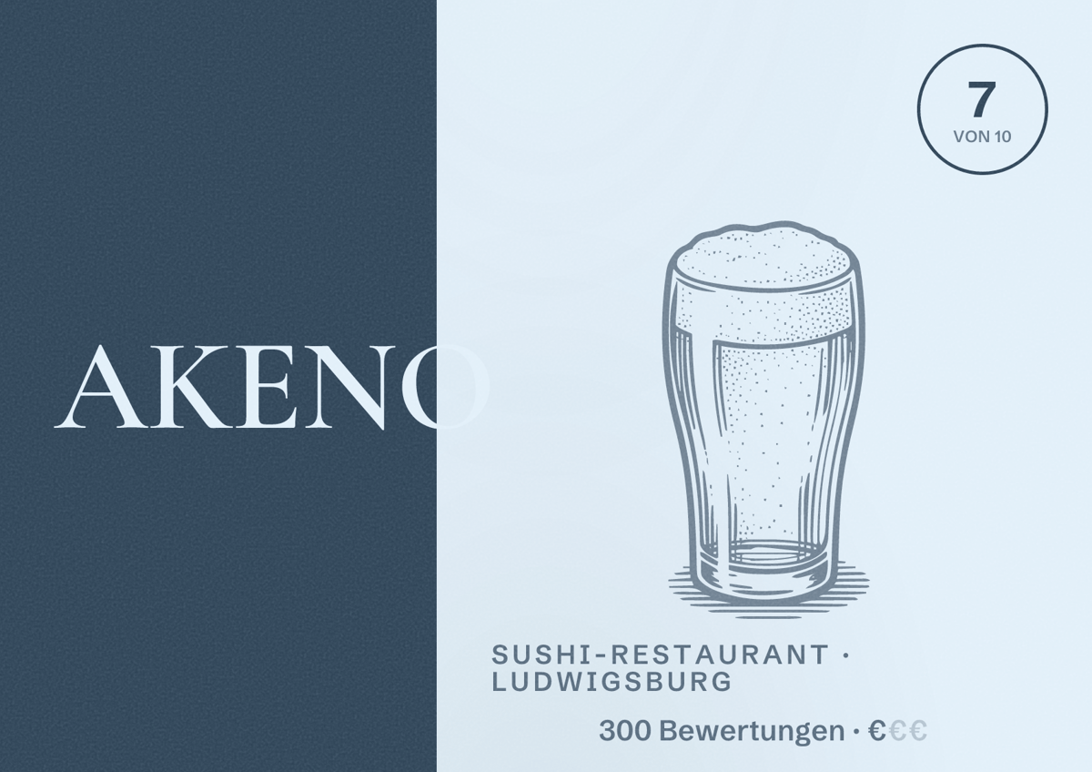 Illustriertes Poster von AKENO, Sushi-Restaurant in Ludwigsburg: Bewertung 7 von 10 aus 300 Bewertungen, Preisniveau €