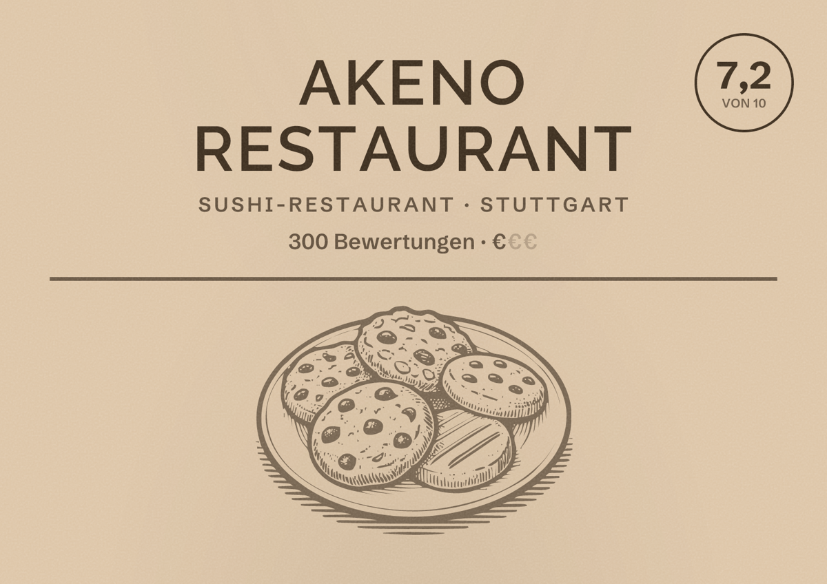 Illustriertes Poster von AKENO Restaurant, Sushi-Restaurant in Stuttgart: Bewertung 7,2 von 10 aus 300 Bewertungen, Preisniveau €