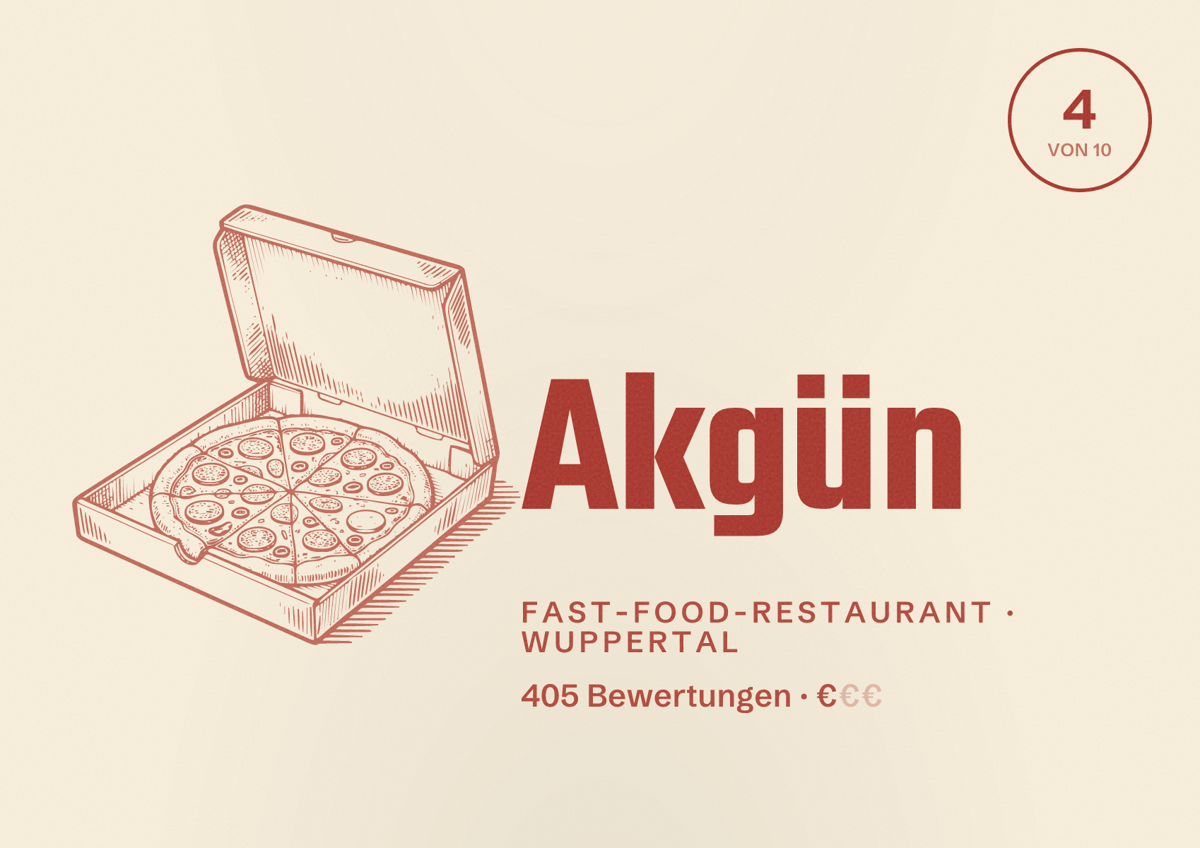 Illustriertes Poster von Akgün, Fast-Food-Restaurant in Wuppertal: Bewertung 4 von 10 aus 405 Bewertungen, Preisniveau €