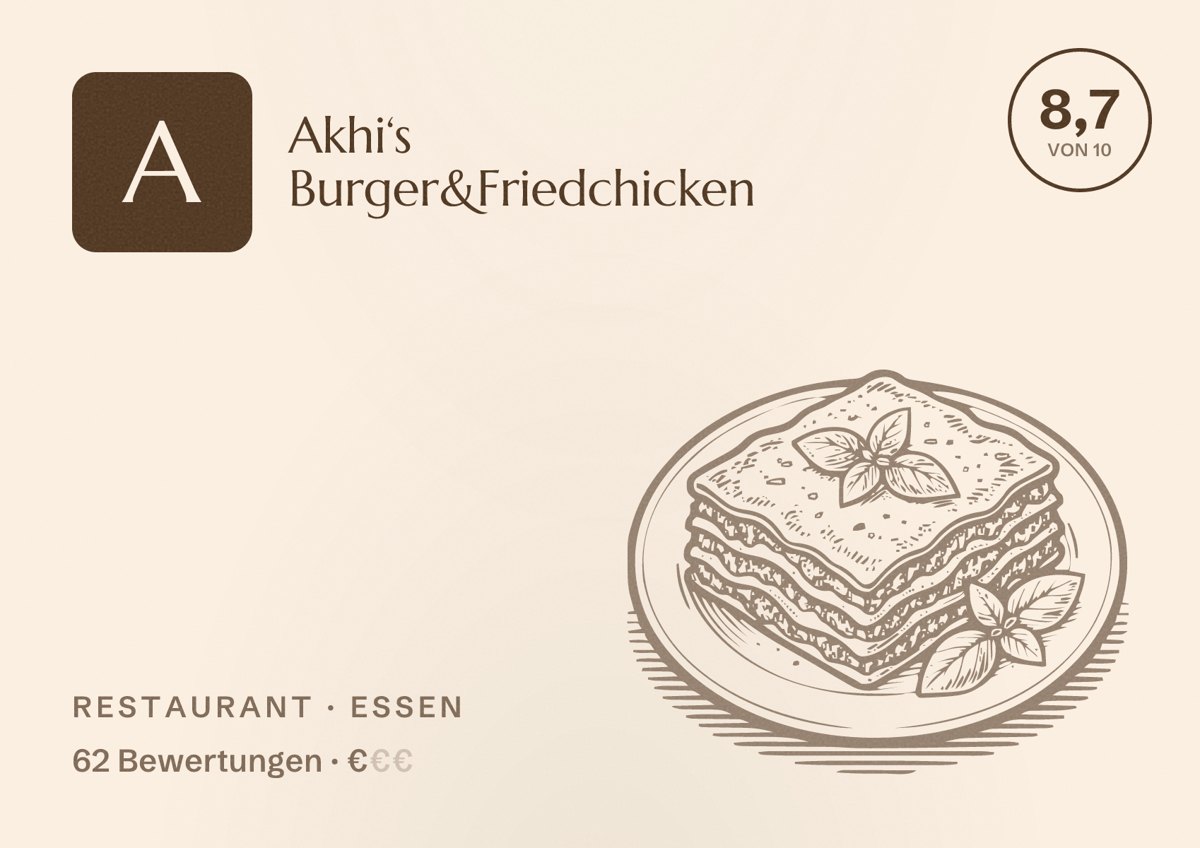Illustriertes Poster von Akhi‘s Burger&Friedchicken, Restaurant in Essen: Bewertung 8,7 von 10 aus 62 Bewertungen, Preisniveau €