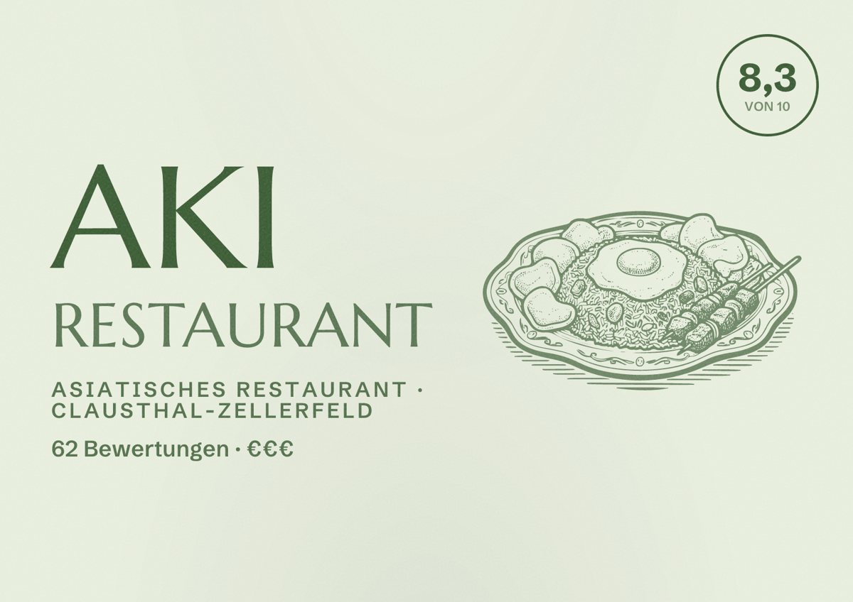 Illustriertes Poster von Aki Restaurant, Asiatisches Restaurant in Clausthal-Zellerfeld: Bewertung 8,3 von 10 aus 62 Bewertungen, Preisniveau €€€