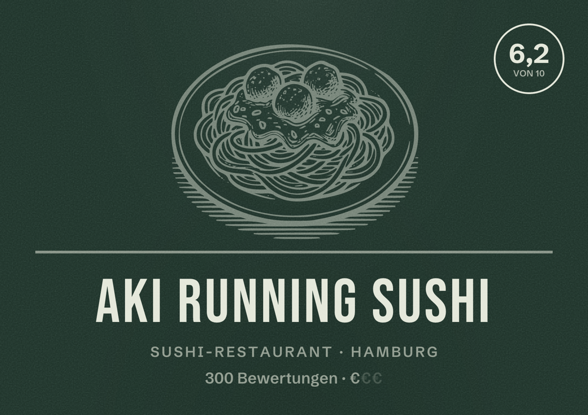 Illustriertes Poster von Aki Running Sushi, Sushi-Restaurant in Hamburg: Bewertung 6,2 von 10 aus 300 Bewertungen, Preisniveau €