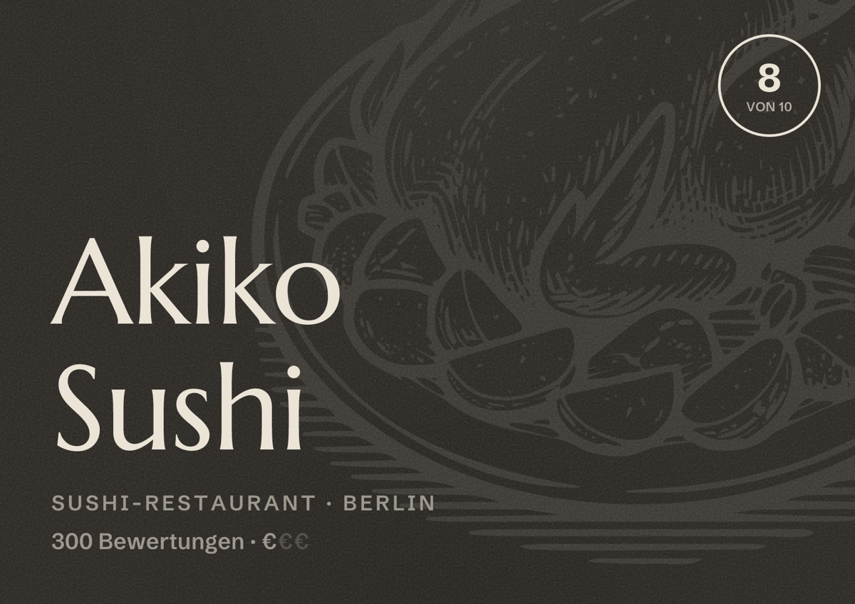 Illustriertes Poster von Akiko Sushi, Sushi-Restaurant in Berlin: Bewertung 8,0 von 10 aus 300 Bewertungen, Preisniveau €