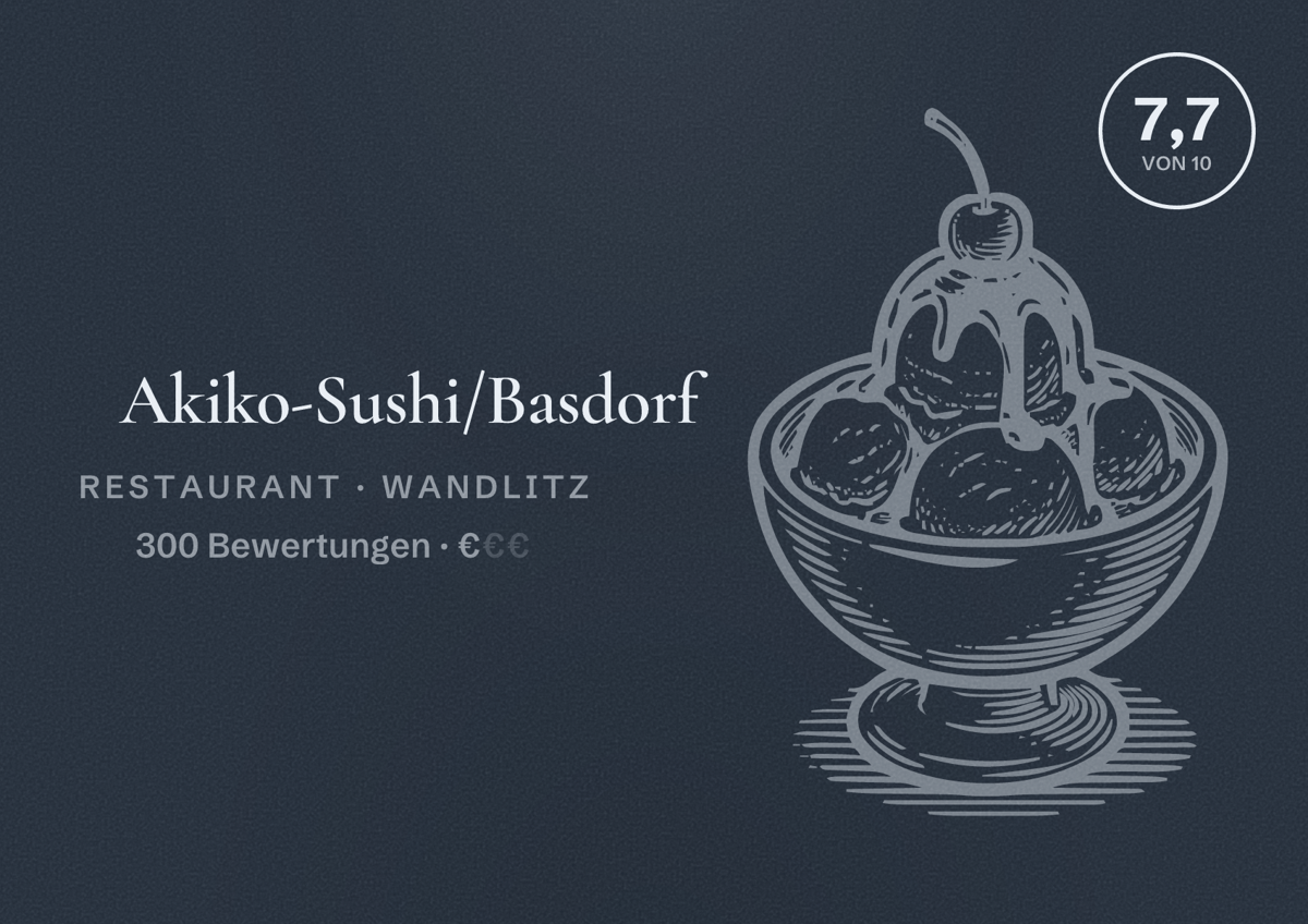 Illustriertes Poster von Akiko-Sushi/Basdorf, Restaurant in Wandlitz: Bewertung 7,7 von 10 aus 300 Bewertungen, Preisniveau €