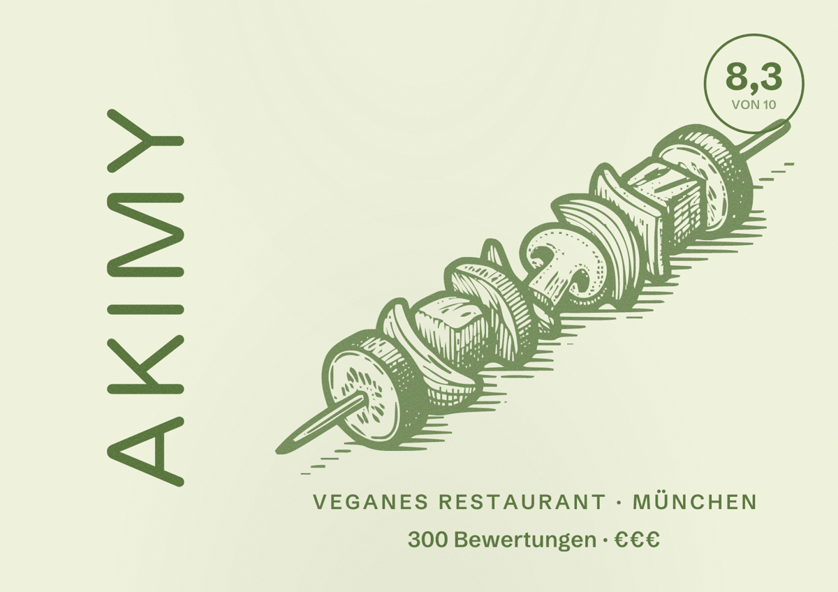 Illustriertes Poster von Akimy, Veganes Restaurant in München: Bewertung 8,3 von 10 aus 300 Bewertungen, Preisniveau €€€