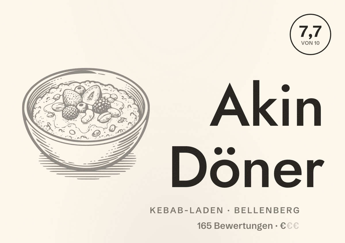 Illustriertes Poster von Akin Döner, Kebab-Laden in Bellenberg: Bewertung 7,7 von 10 aus 165 Bewertungen, Preisniveau €