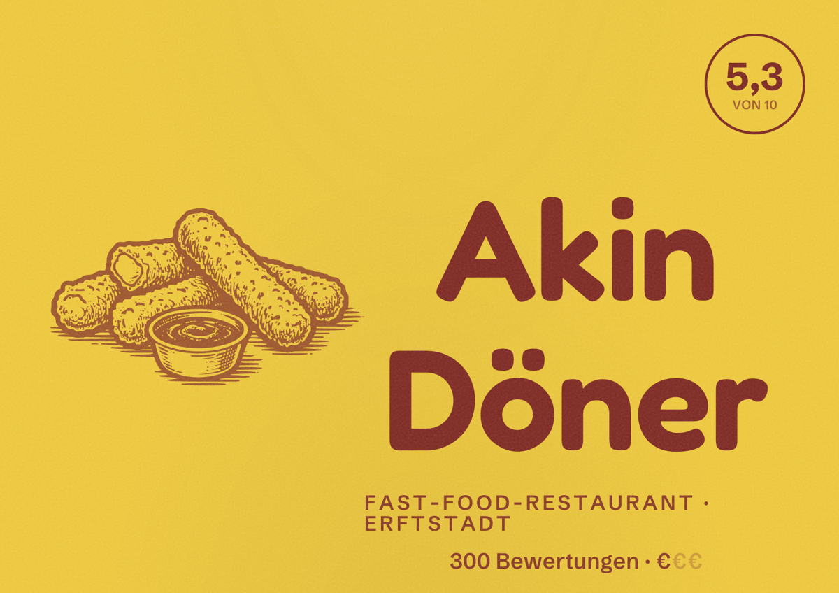 Illustriertes Poster von Akin Döner, Fast-Food-Restaurant in Erftstadt: Bewertung 5,3 von 10 aus 300 Bewertungen, Preisniveau €