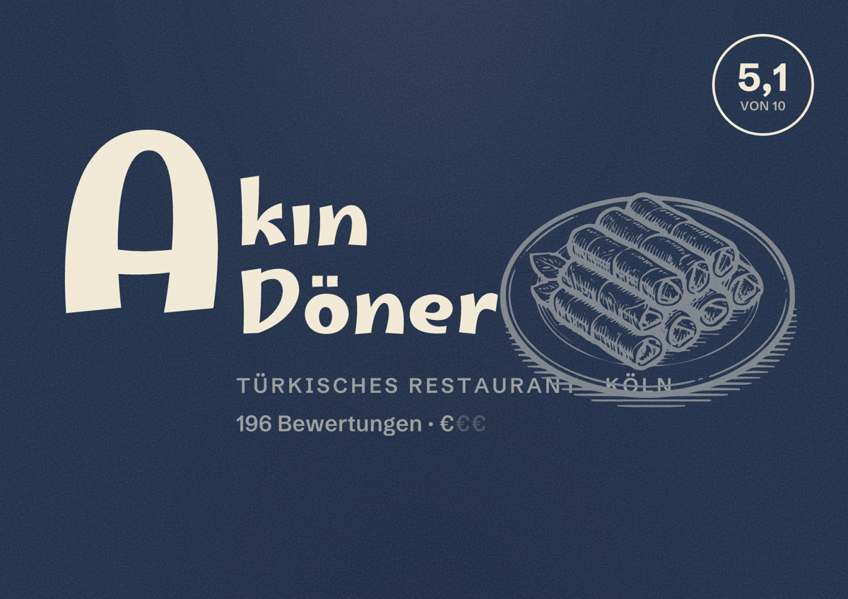 Illustriertes Poster von Akın Döner, Türkisches Restaurant in Köln: Bewertung 5,1 von 10 aus 196 Bewertungen, Preisniveau €