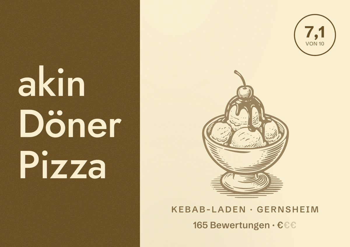 Illustriertes Poster von akin Döner Pizza, Kebab-Laden in Gernsheim: Bewertung 7,1 von 10 aus 165 Bewertungen, Preisniveau €