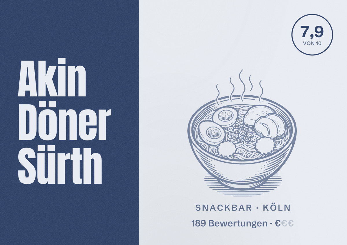 Illustriertes Poster von Akin Döner Sürth, Snackbar in Köln: Bewertung 7,9 von 10 aus 189 Bewertungen, Preisniveau €
